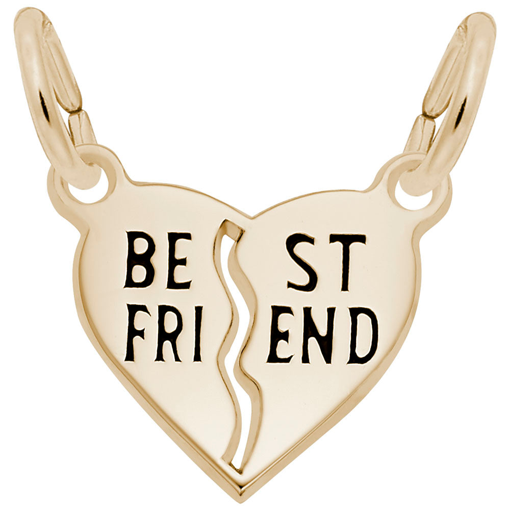 Gold heart-shaped charm with a break in the middle with 'BEST FRIEND' text on a white background
