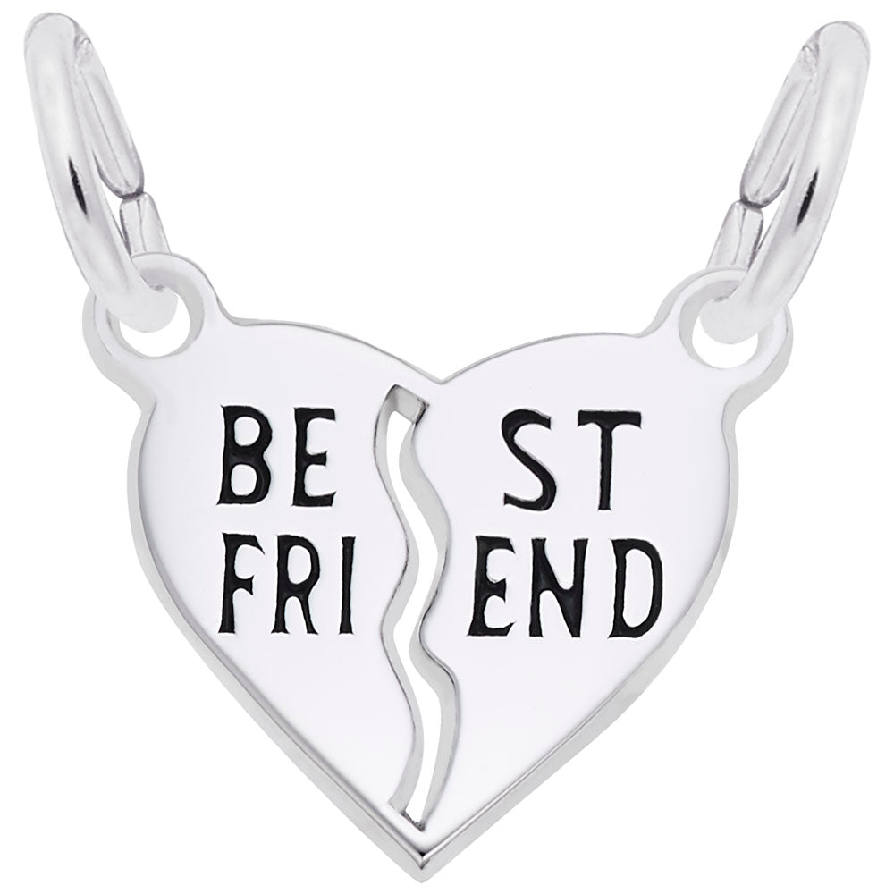 Silver heart-shaped charm with a break in the middle with 'BEST FRIEND' text on a white background