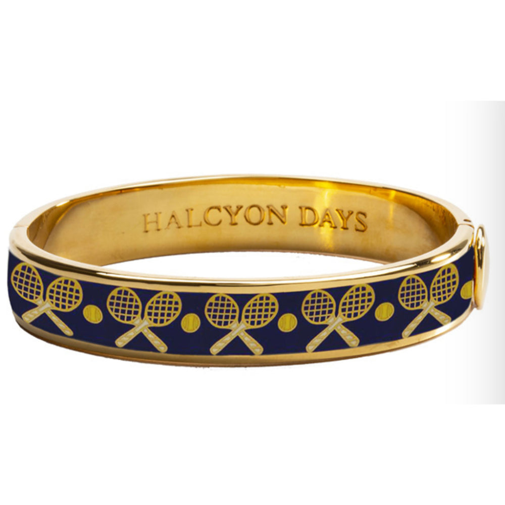 Halcyon Days 1cm Tennis Racket & Ball Gold Hinged Enamel Bangle