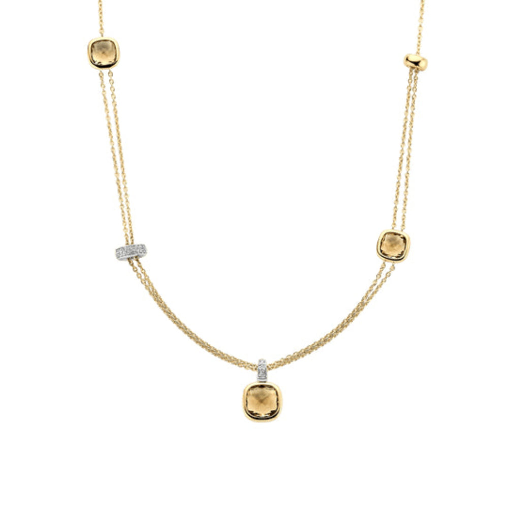 A gold double-strand necklace featuring a central gold pendant with a yellow cushion-cut stone, accented by a small diamond-set bar on one side