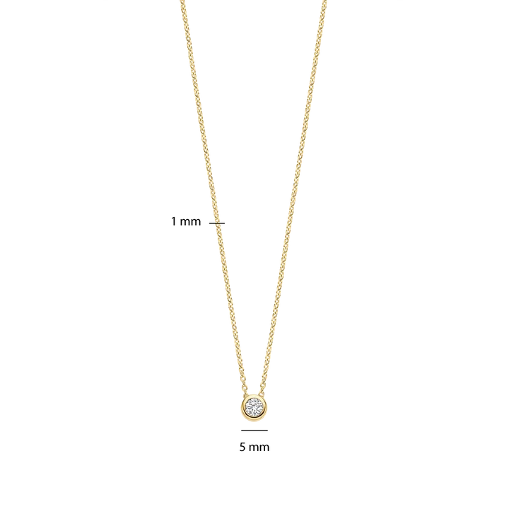 A gold chain necklace with a small round bezel-set clear gemstone pendant, shown on a white background with measurement markers indicating 1 mm chain width and 5 mm pendant diameter.