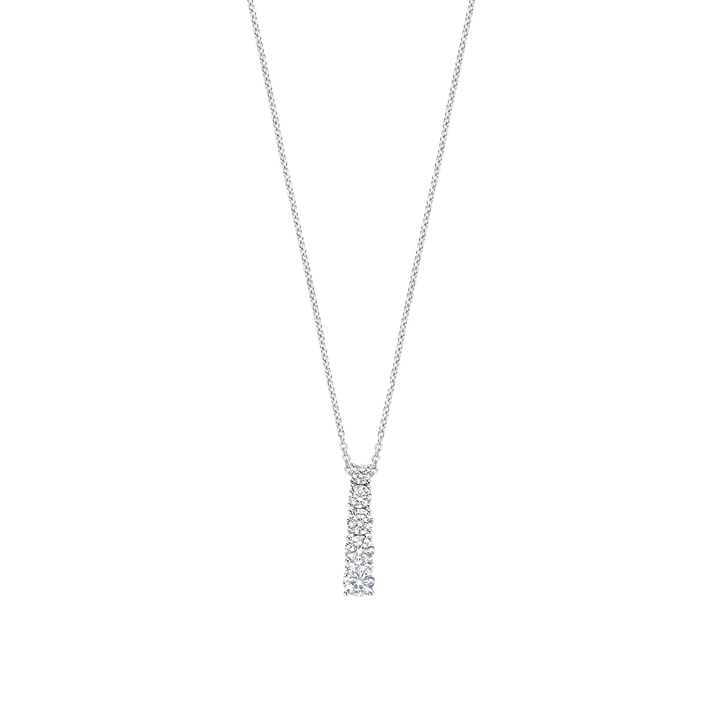 A delicate silver-toned chain necklace with a vertical bar pendant paved with small clear stones, shown against a plain white background.