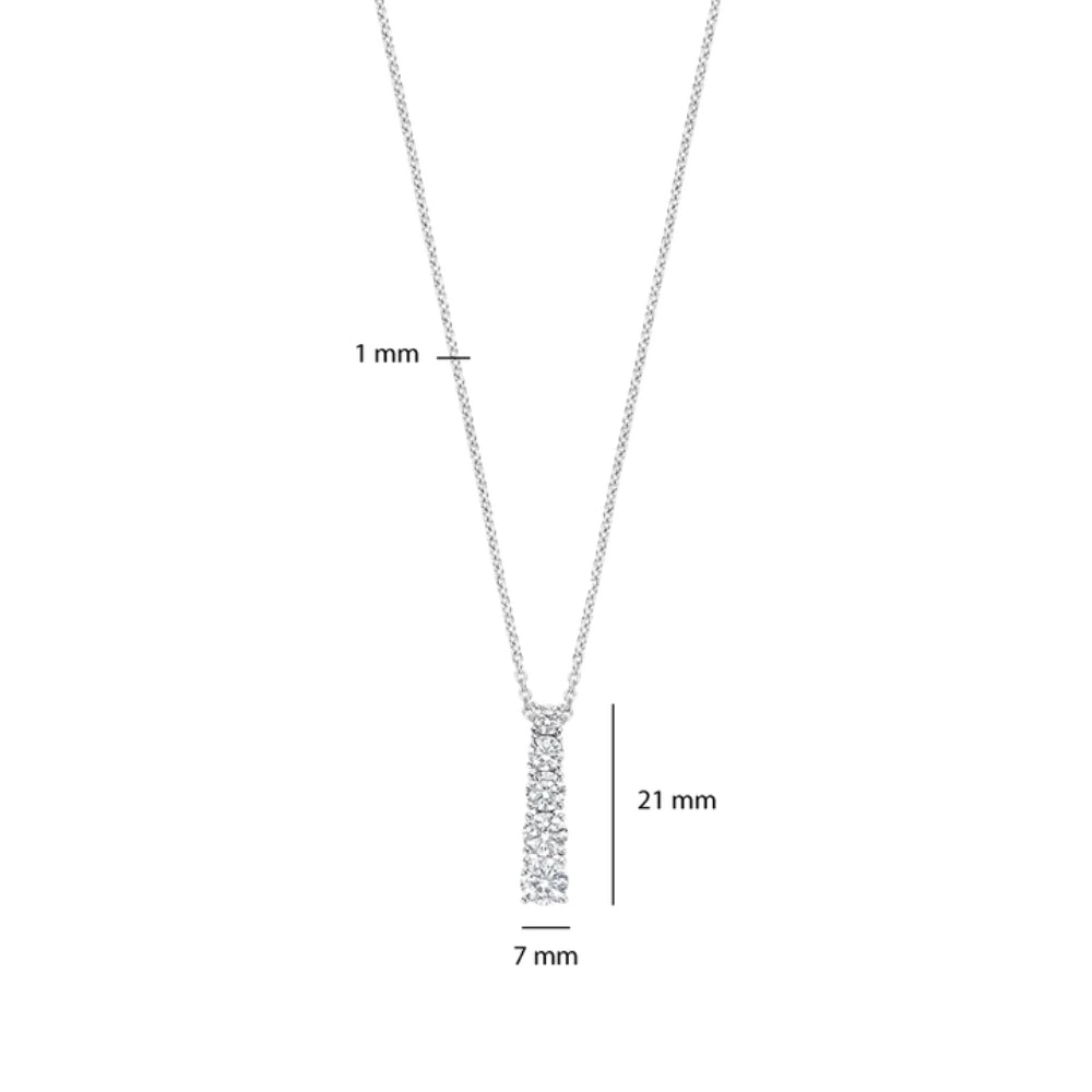 Diamond necklace with measurements on a white background