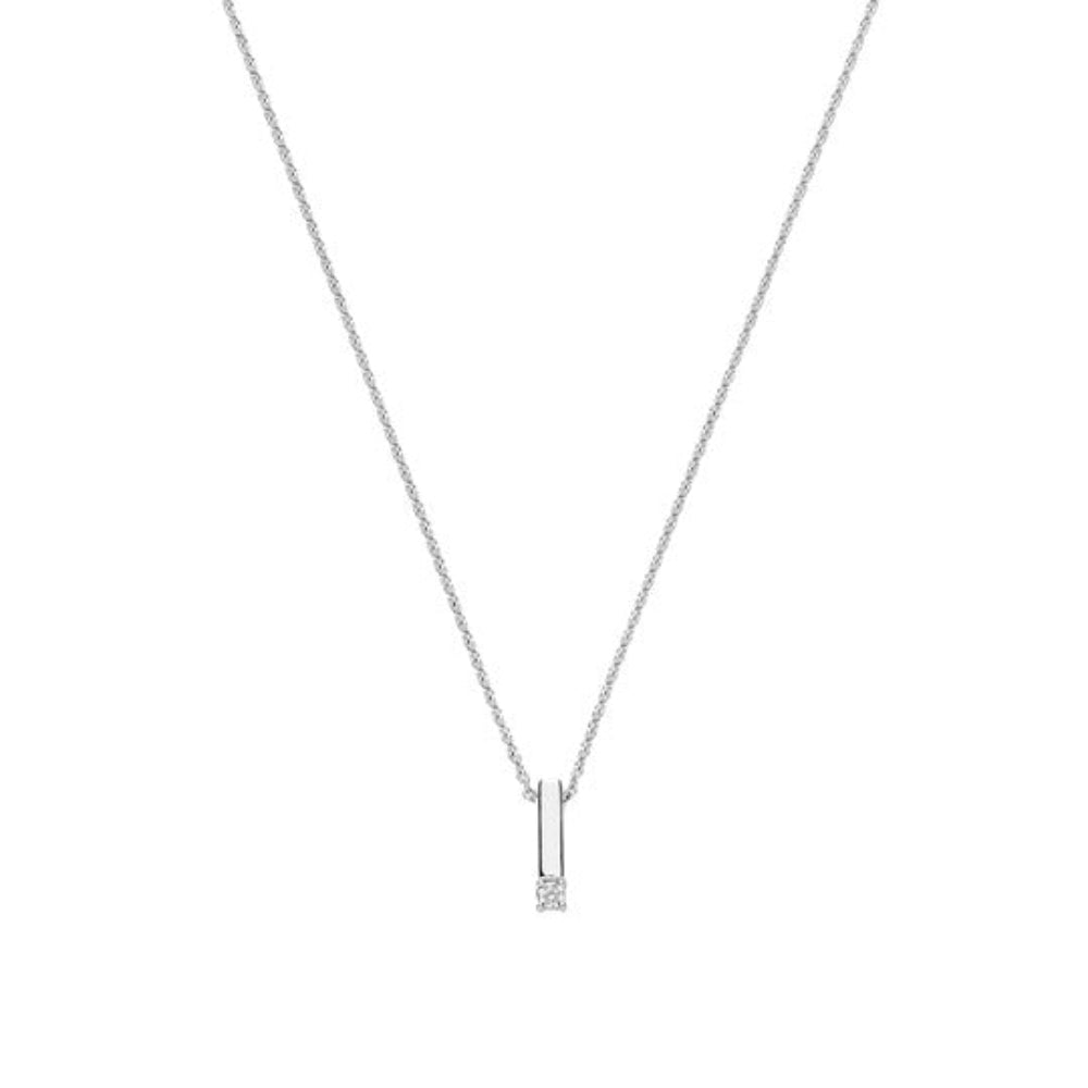 A delicate silver chain necklace with a minimalist vertical bar pendant featuring a small clear gemstone, 