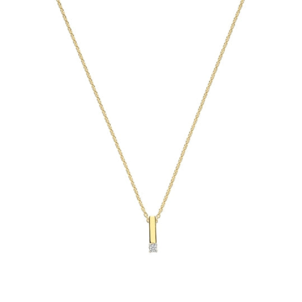A delicate yellow gold chain necklace with a vertical bar pendant, where the bottom half of the bar is set with a small square clear gemstone