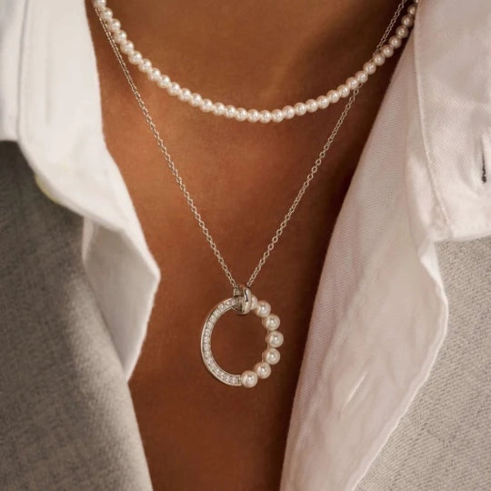 Ti Sento Sterling Silver Pearl Zirconia Circle Necklace