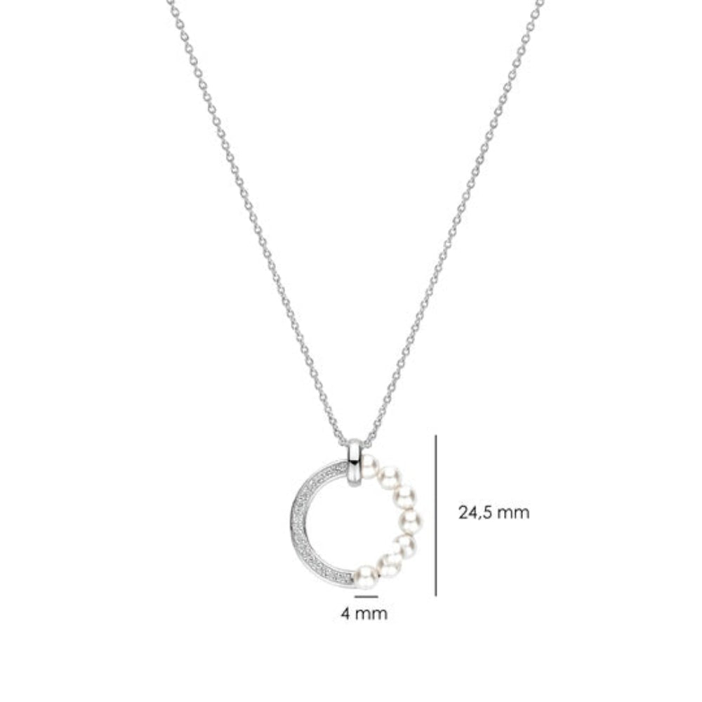 Silver circular pendant necklace with small white pearls on one side, shown on a white background with dimension labels indicating 24,5 mm height and 4 mm width.