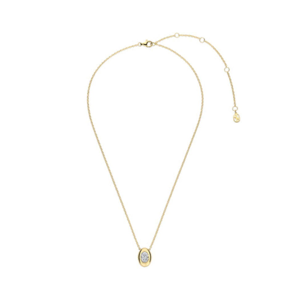 A delicate gold chain necklace with an oval pendant featuring a clear central gemstone surrounded by a gold border, displayed on a solid white background.