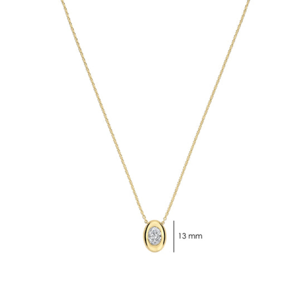 A gold oval pendant necklace with a small clear gemstone in the center, shown on a white background with a '13 mm' size marker next to it.