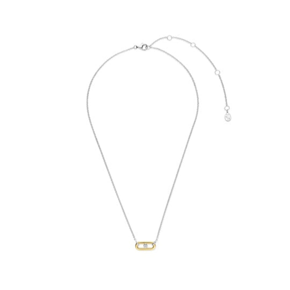 A delicate silver chain necklace with a small gold-toned oval link pendant, displayed on a clean white background.