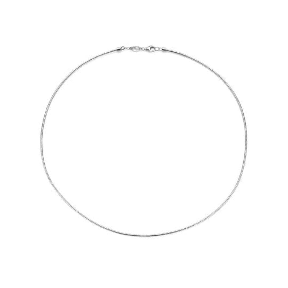 A thin silver-toned chain necklace arranged in a circle on a plain white background, with a lobster clasp visible at the top.