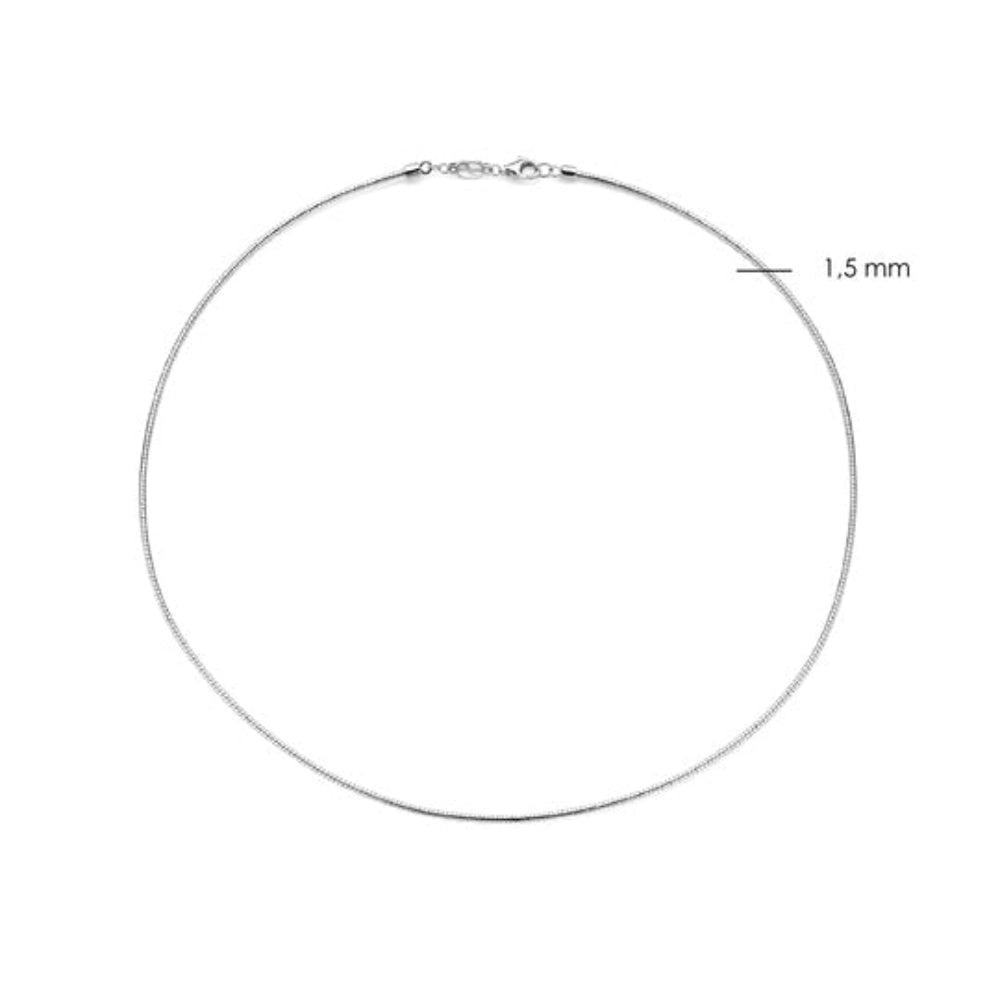 A silver-toned delicate chain necklace shown on a plain white background, with a measurement indicator line and text reading 1.5 mm near the upper right side of the loop.