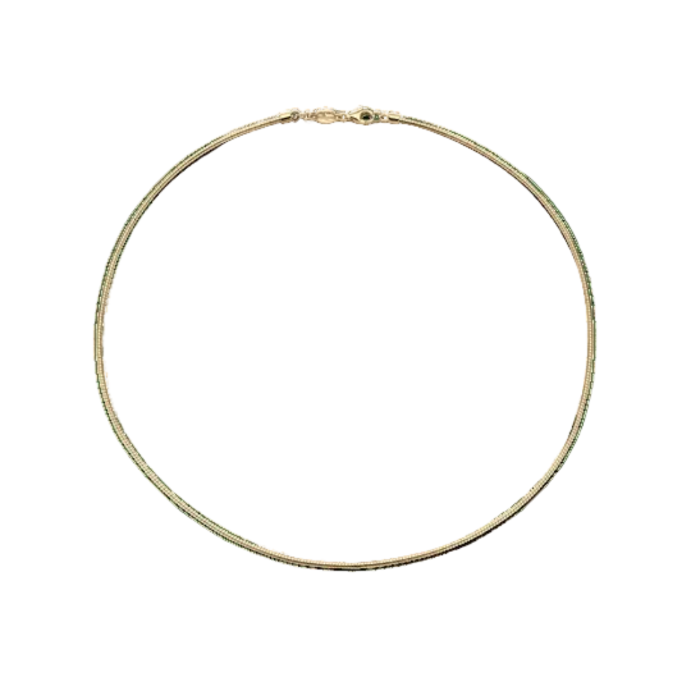 A delicate gold chain necklace arranged in a circle on a solid white background.
