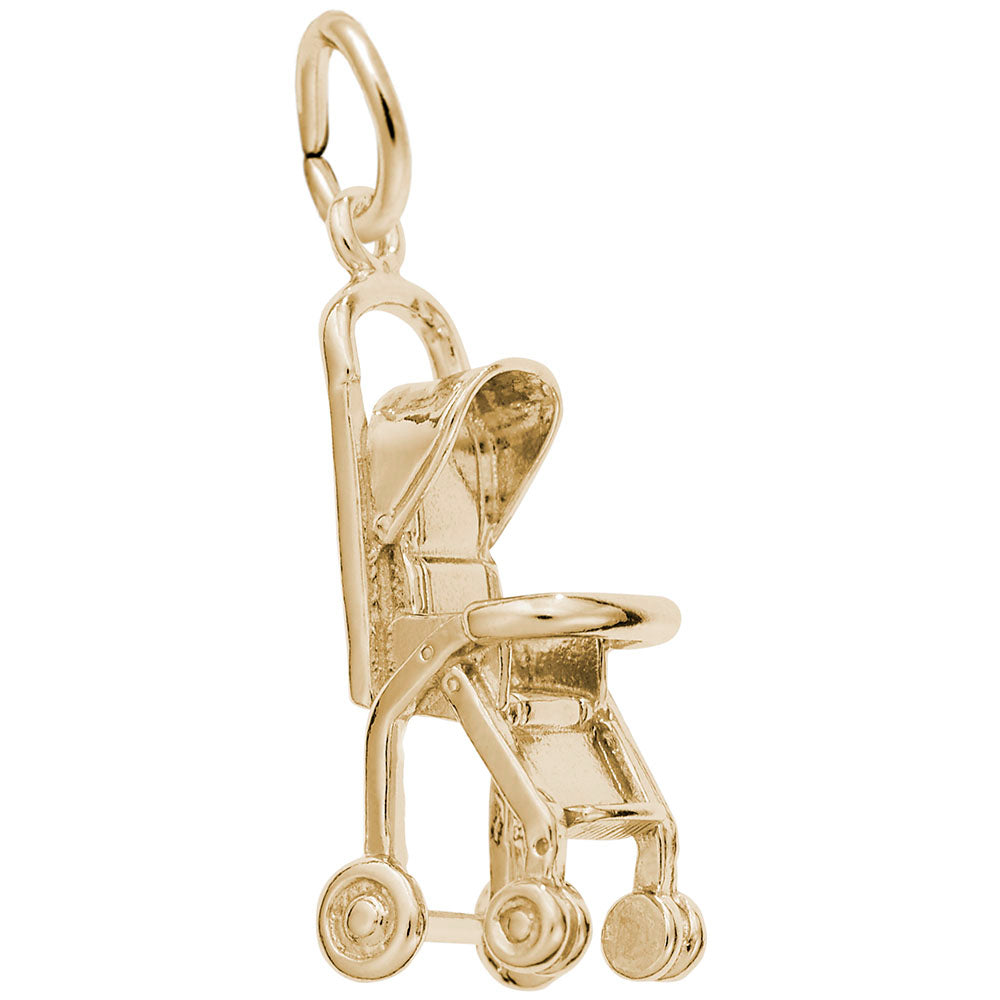 Gold 3D stroller charm on a white background