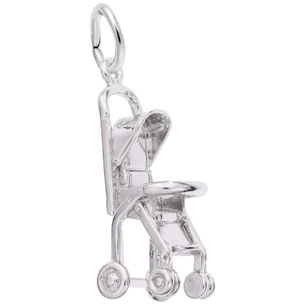 Silver 3D stroller charm on a white background