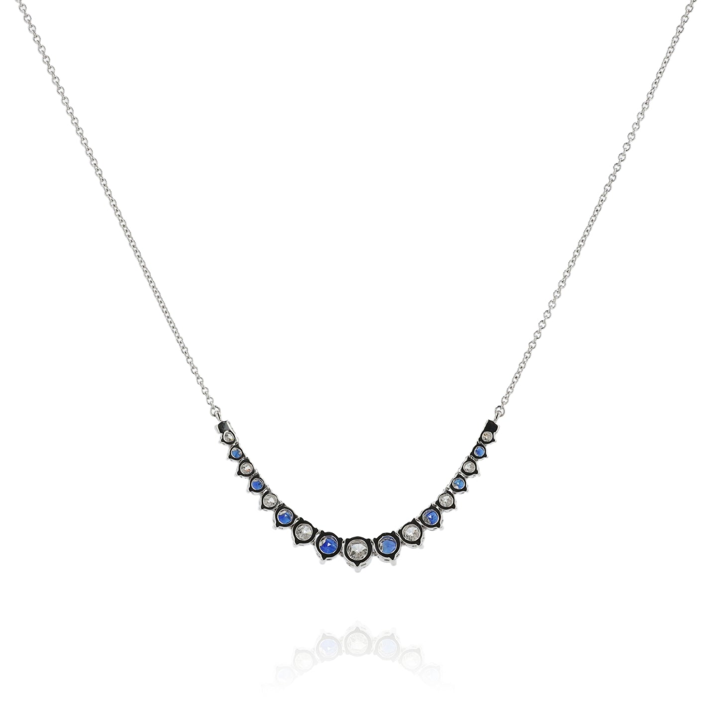 18k White Gold Alternating Round Sapphire and Diamond Curved Bar Pendant Necklace