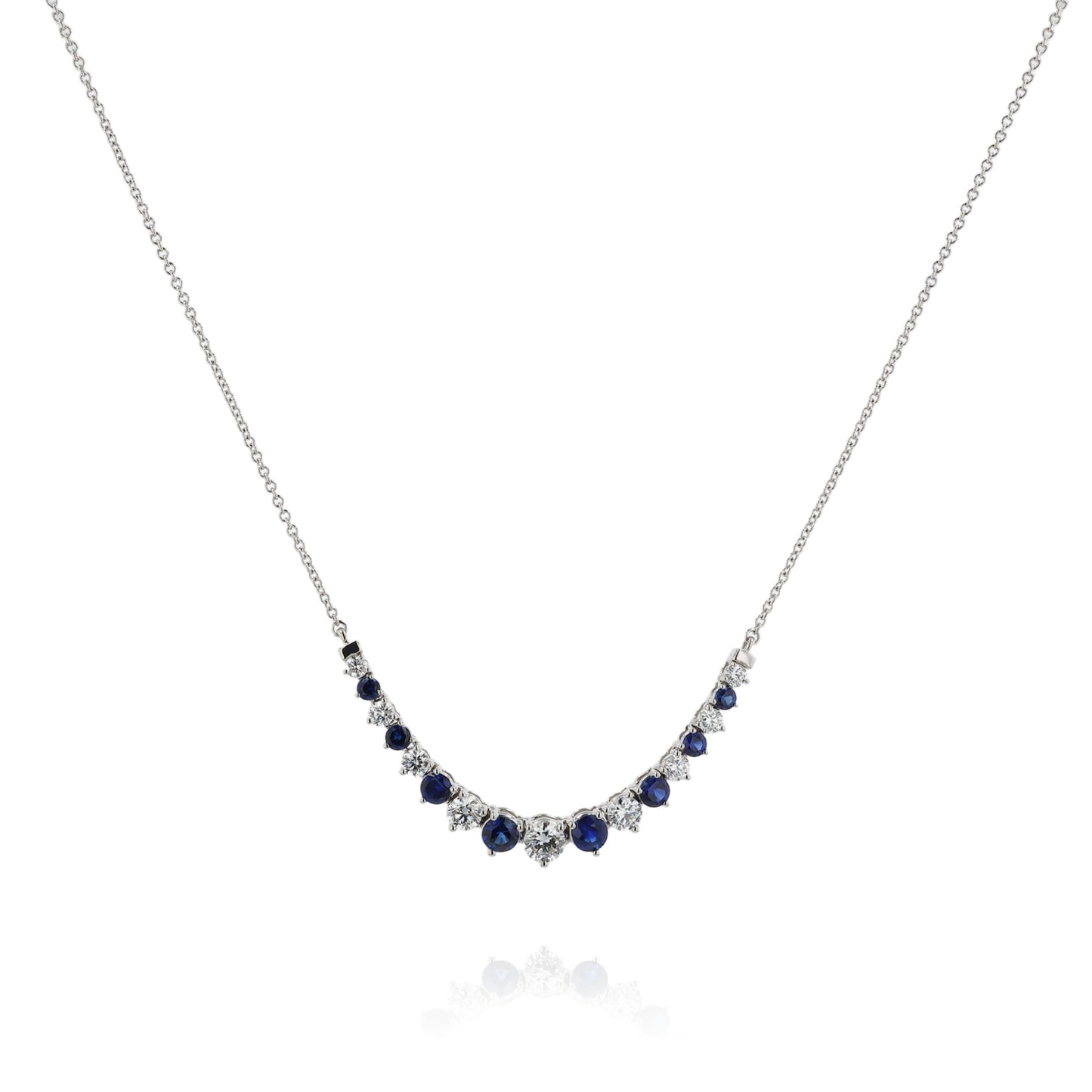18k White Gold Alternating Round Sapphire and Diamond Curved Bar Pendant Necklace