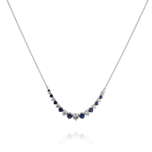 18k White Gold Alternating Round Sapphire and Diamond Curved Bar Pendant Necklace