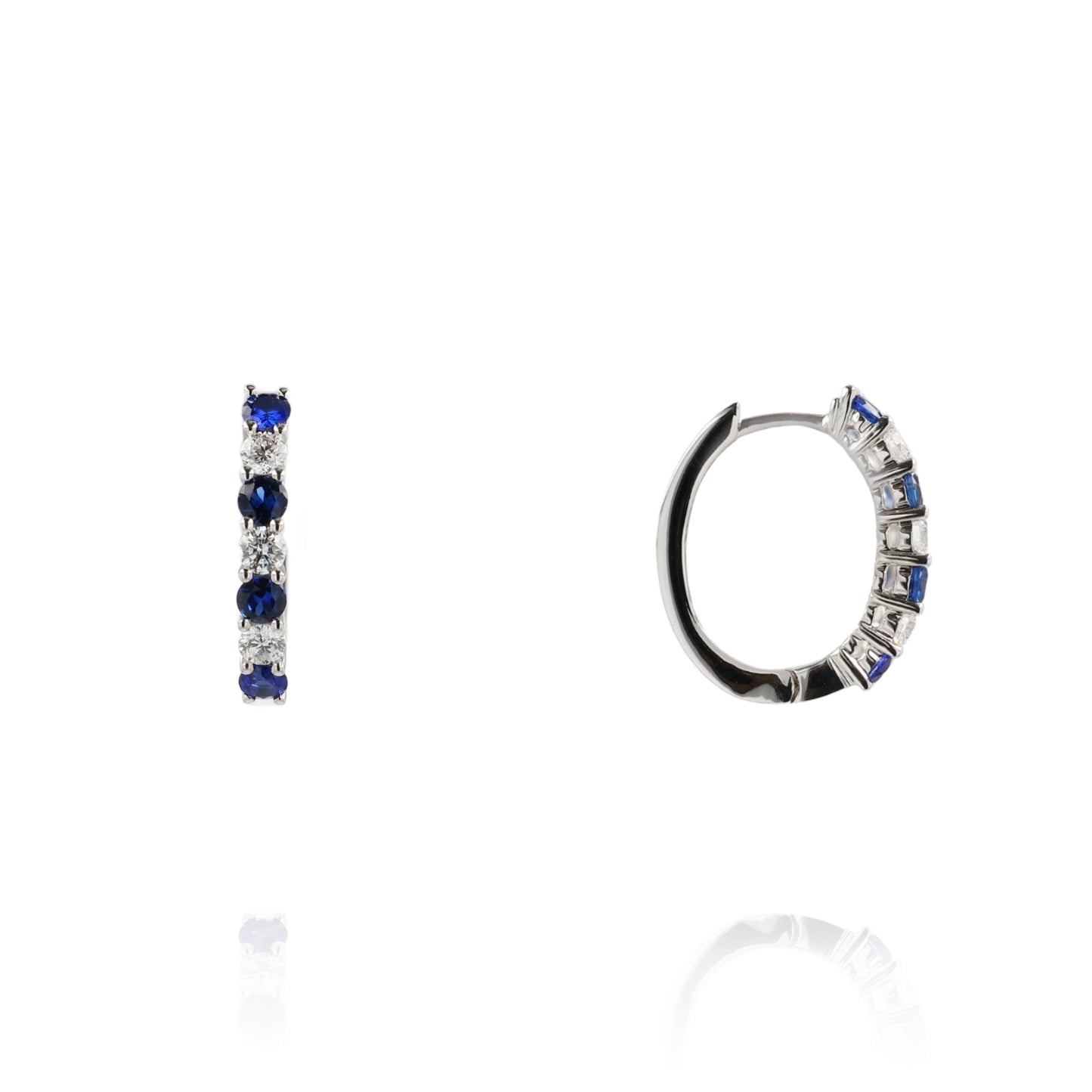 18k White Gold Alternating Sapphire and Diamond Oval Huggie Hoop Earrings