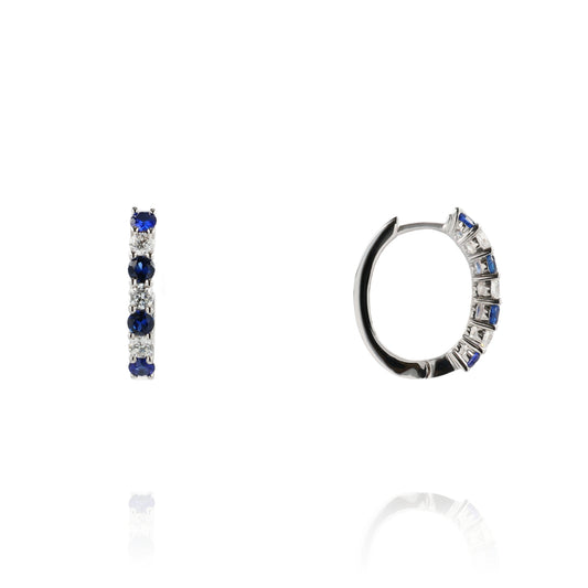 18k White Gold Alternating Sapphire and Diamond Oval Huggie Hoop Earrings