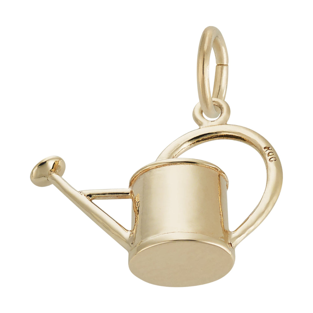 Gold watering can-shaped pendant on a white background