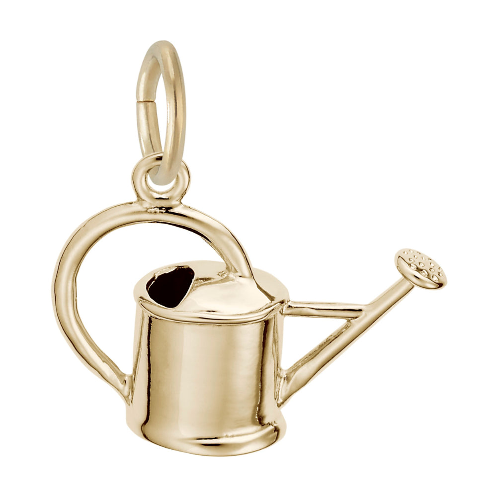Gold watering can charm on a white background