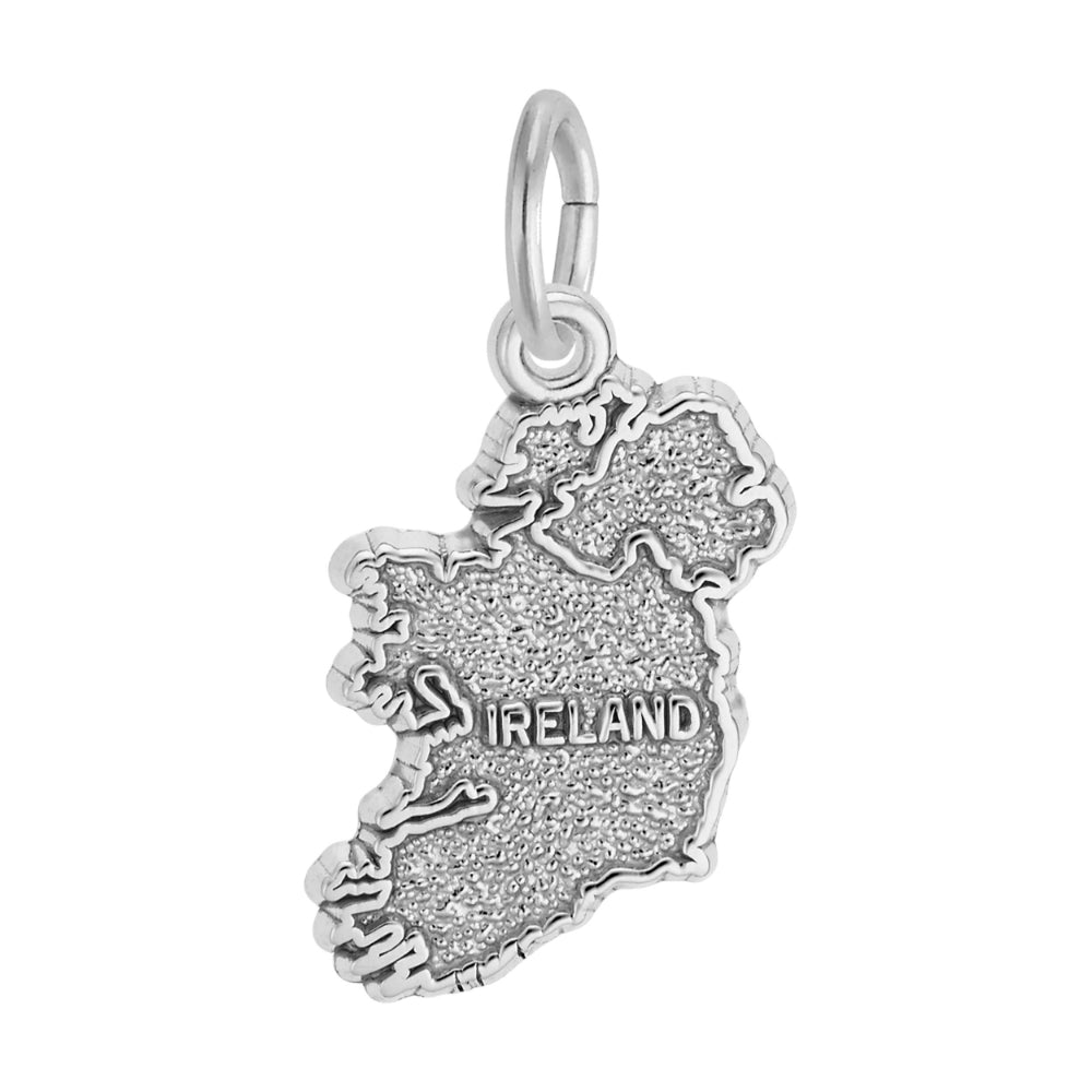 Silver Ireland Shaped Charm with 'Ireland' written on it