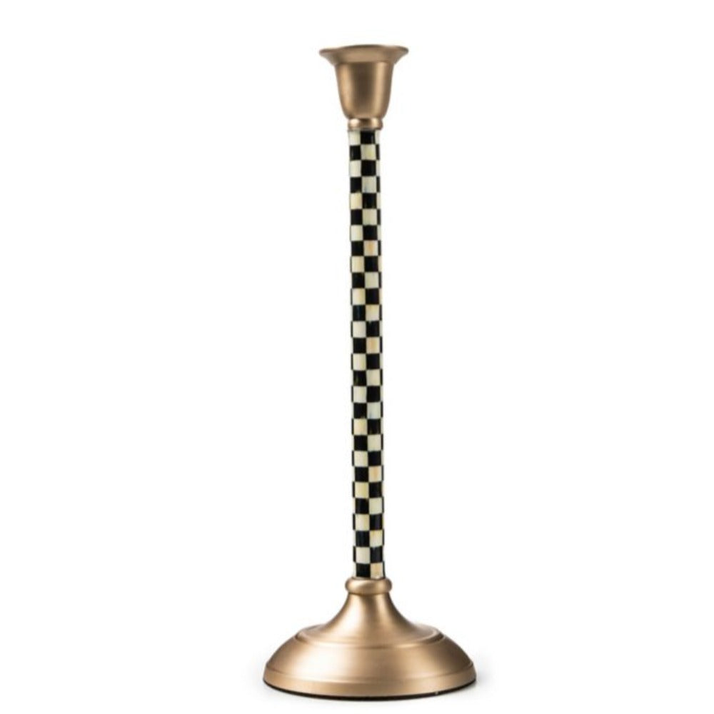 A Large size decorative candle holder with checkered design and gold base on a white background