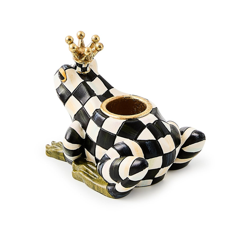 Decorative frog figurine with a checkered pattern and gold crown on a white background (angled)