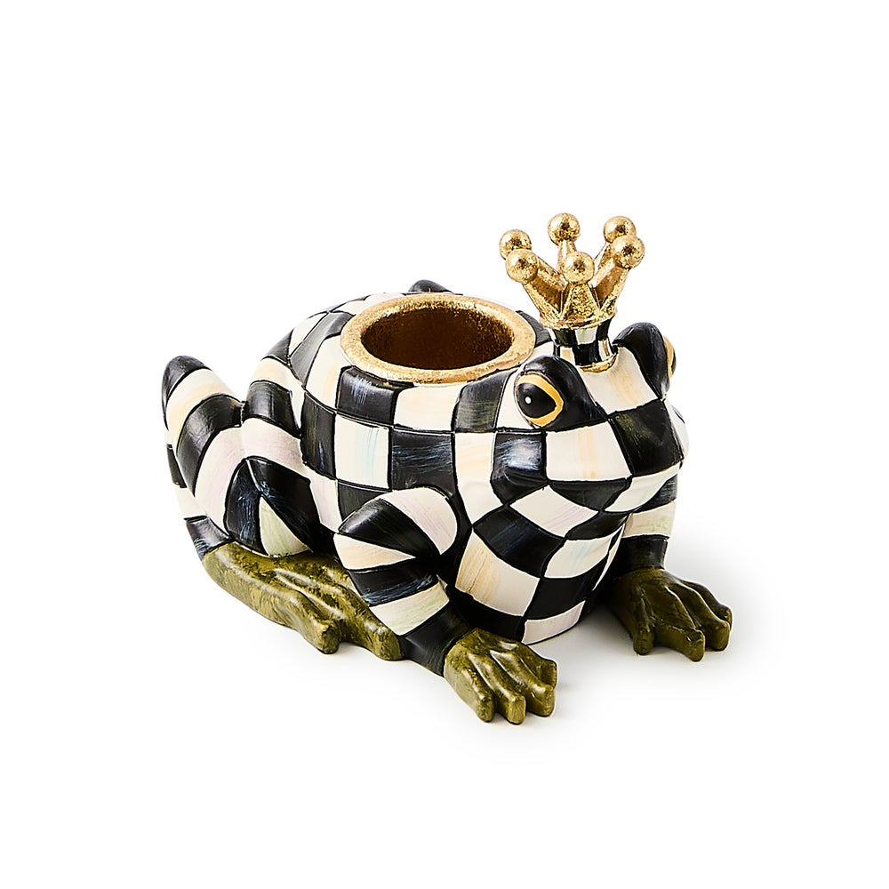 Decorative frog figurine with a checkered pattern and gold crown on a white background