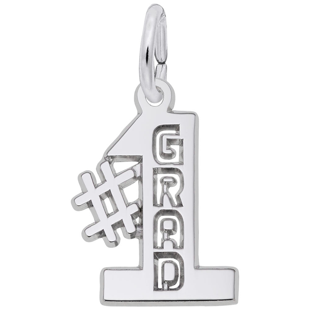 Silver '#1 Grad' charm on a white background