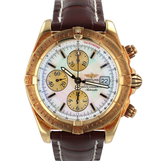 Estate Breitling 18k Yellow Gold Gent's Chronomat Evolution 43.7mm Mother of Pearl Dial Gold Sub Dials K1335611 With Box