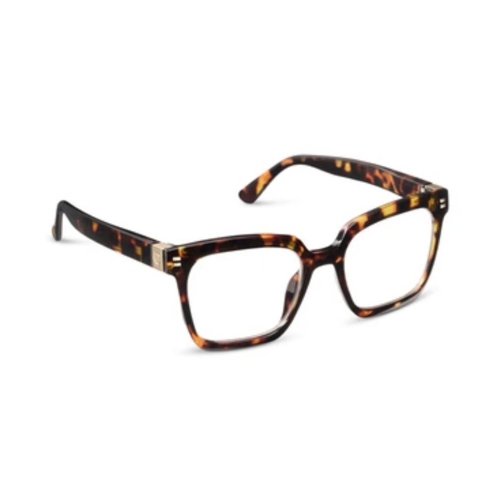 A pair of tortoise reading glasses on a white background. 
