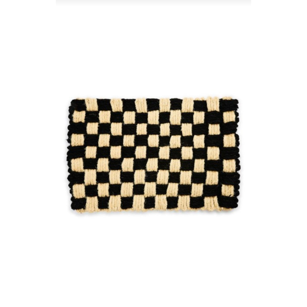A square-shaped, woven check pattern entrance mat in black and beige colors.