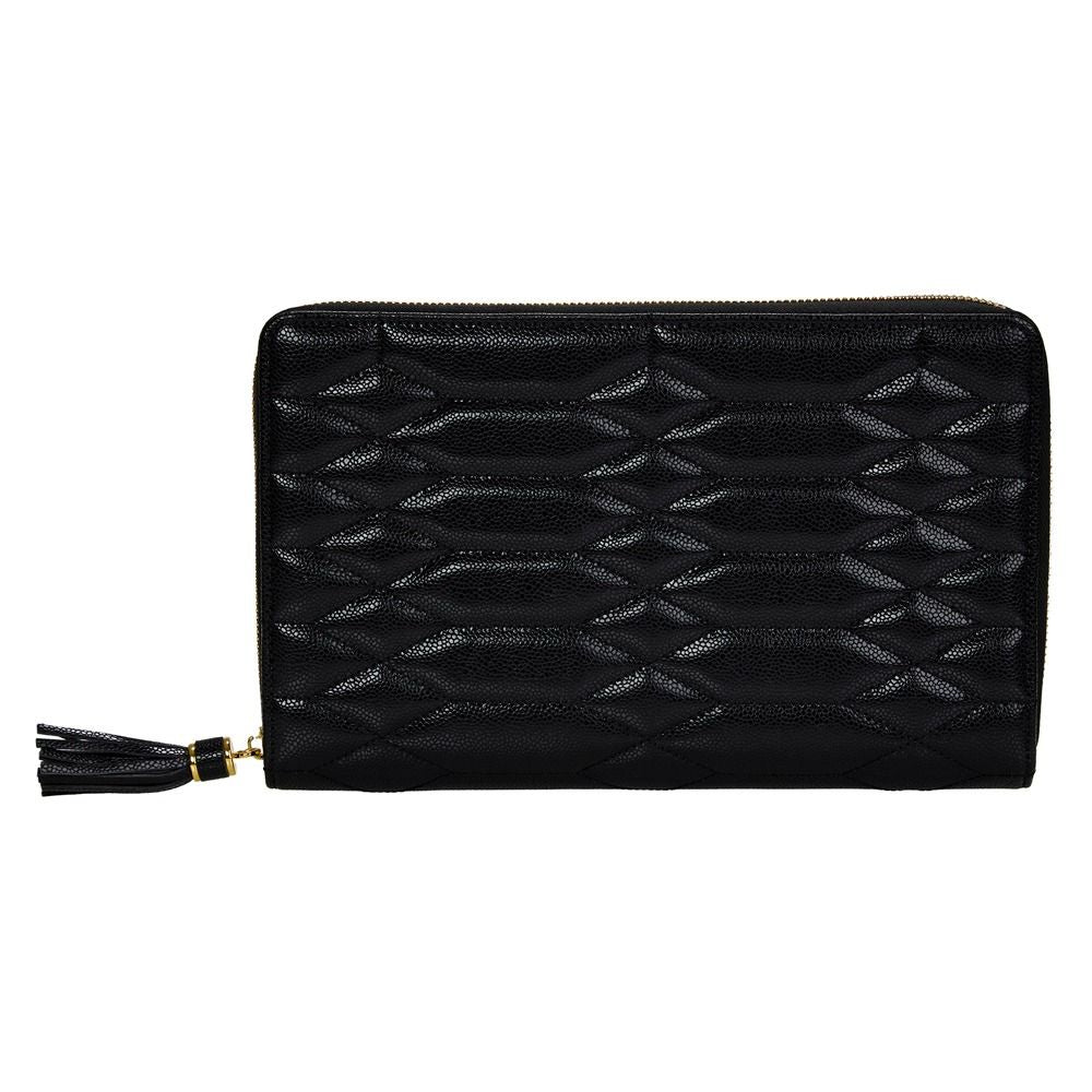A black quilted leather zip-around wallet with a geometric diamond pattern and a black tassel zipper pull, shown against a plain white background.