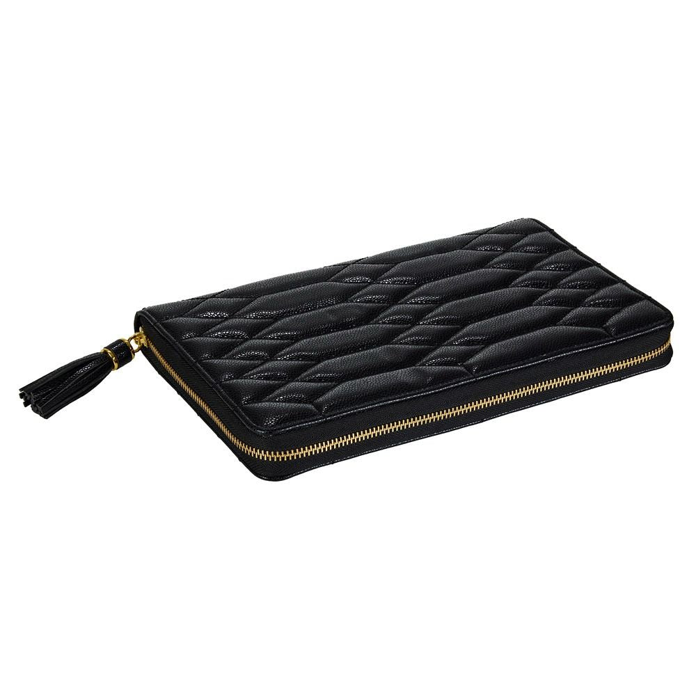 A black quilted leather zip-around clutch with a gold zipper and a black tassel pull, shown on a plain white background.