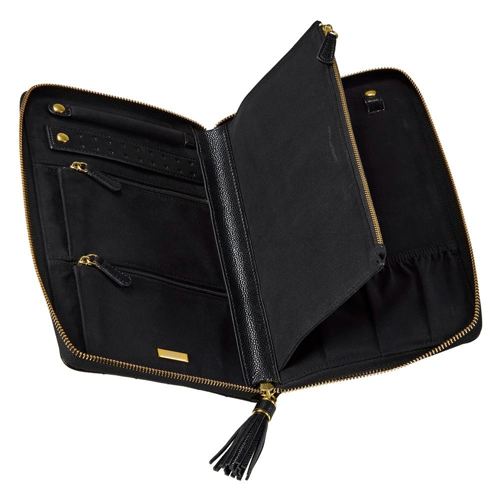 An open black leather travel organizer pouch with gold-tone zippers, interior card slots, and a tassel zipper pull, shown on a plain white background.