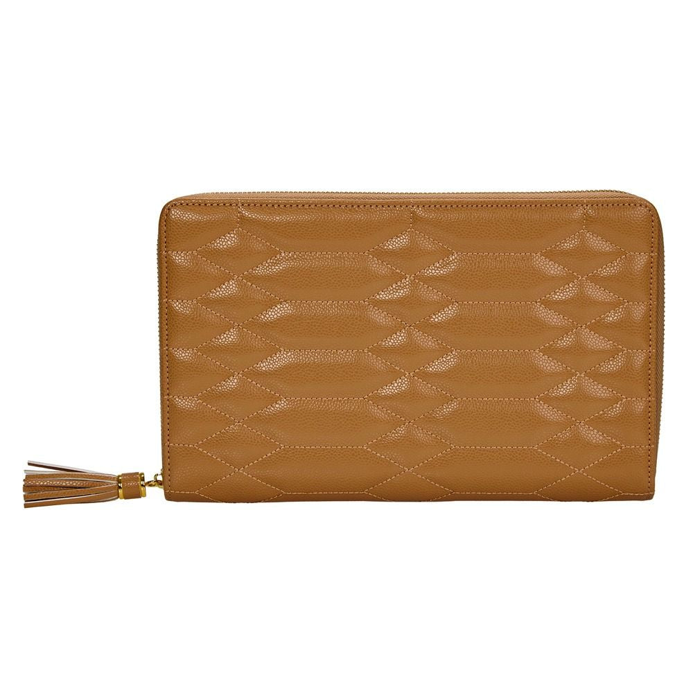 A tan quilted leather zip-around wallet with a decorative tassel zipper pull, shown against a plain white background.