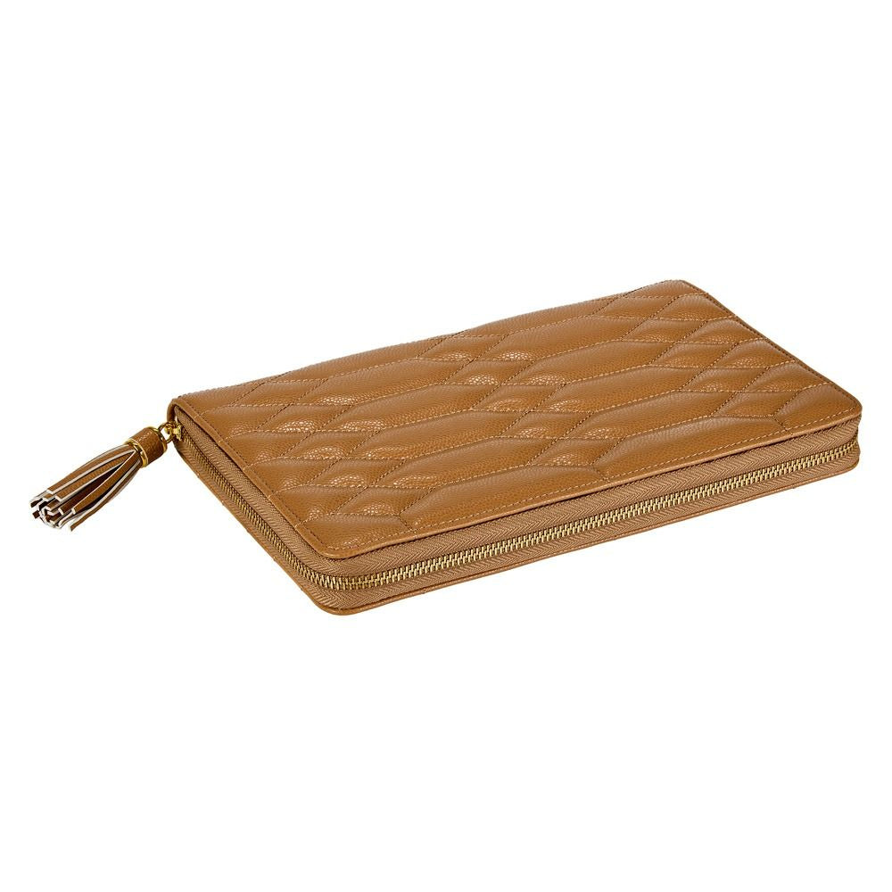 A tan quilted zip-around wallet with a matching leather tassel zipper pull, shown on a plain white background.