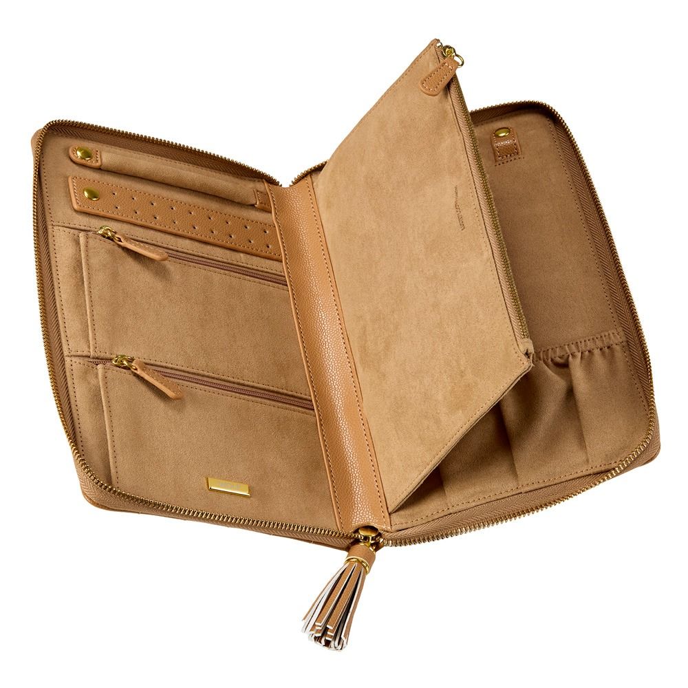 A tan leather zip-around wallet shown open, displaying its interior compartments, card slots, and tassel zipper pull against a light gray background.