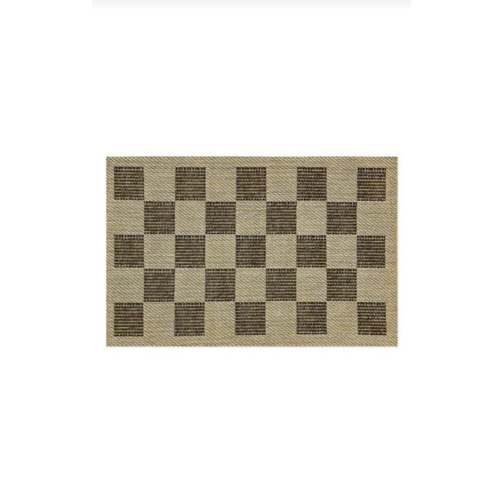 A rectangular indoor/outdoor rug with a black check pattern on a beige background.