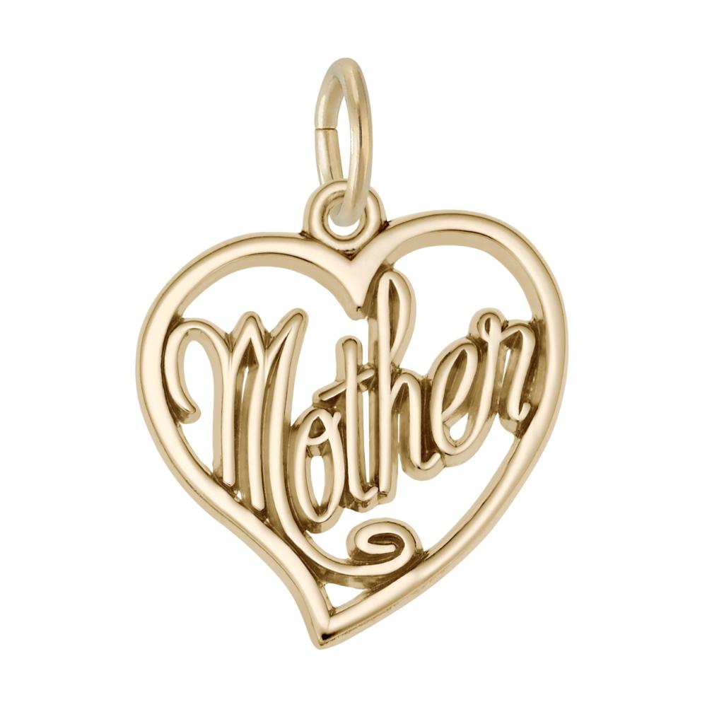 Gold 'Mother' heart-shaped charm on a white background