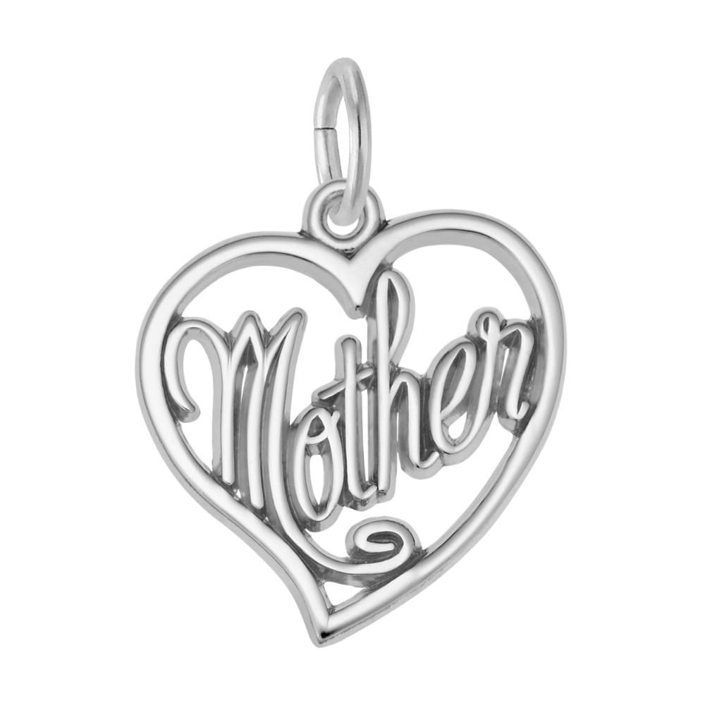Silver 'Mother' heart-shaped charm on a white background