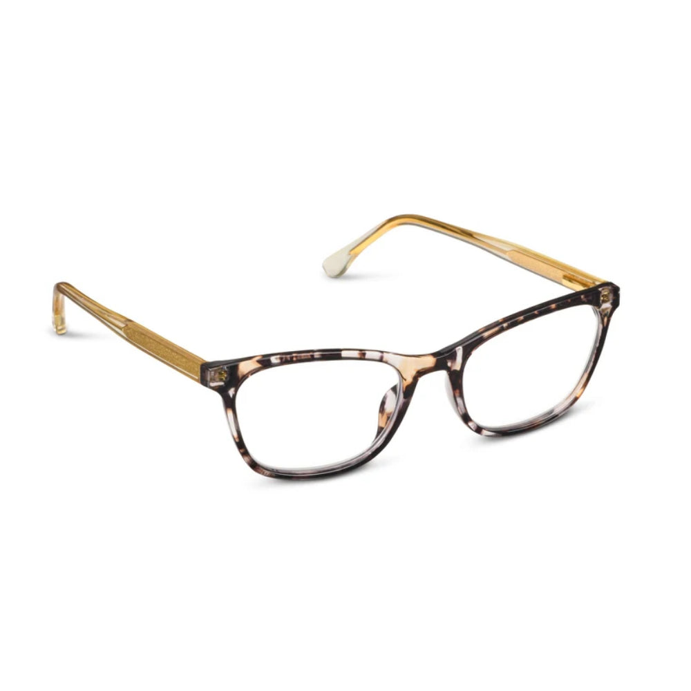 A pair of sand quartz/taupe reading glasses on a white background. 