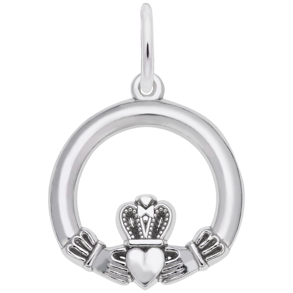 Silver Claddagh charm on a white background