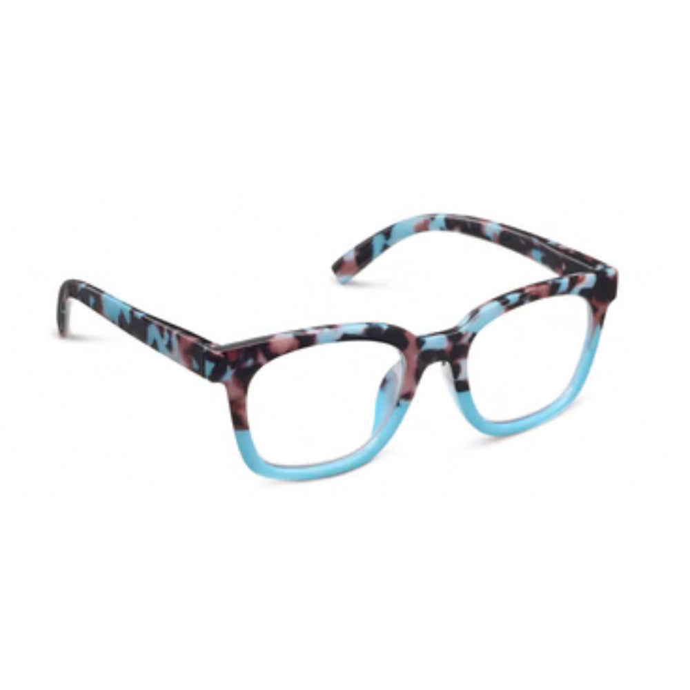 A pair of light blue glasses on a white background. 