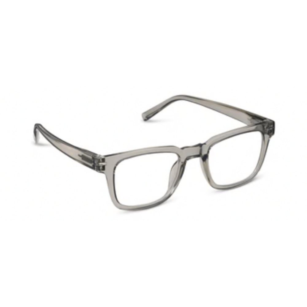 A pair of gray clear reading glasses on a white background. 