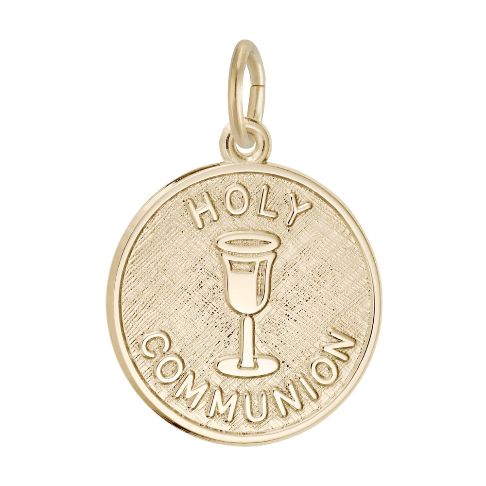 Gold pendant with 'Holy Communion' text and chalice design on a white background
