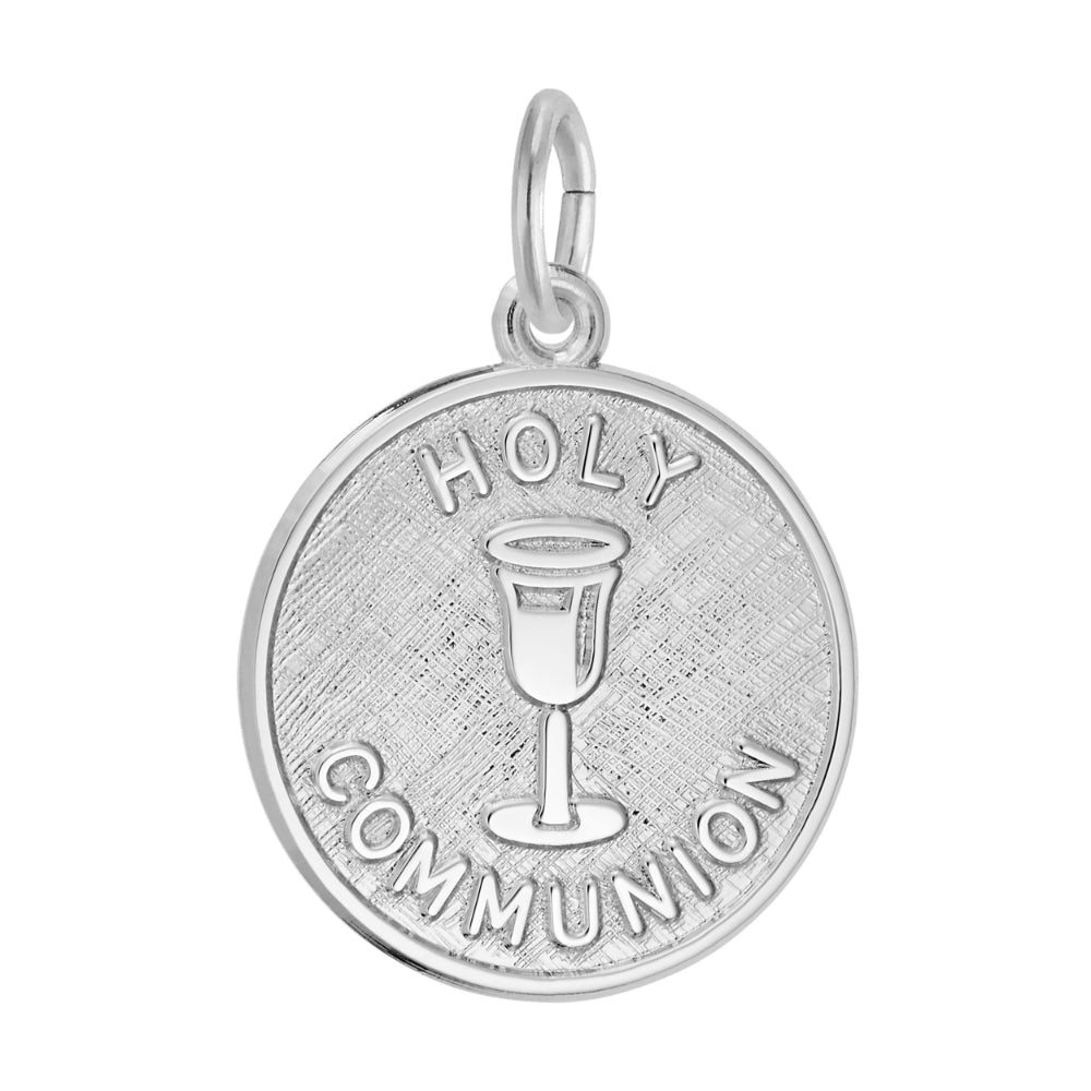 Silver pendant with 'Holy Communion' text and chalice design on a white background