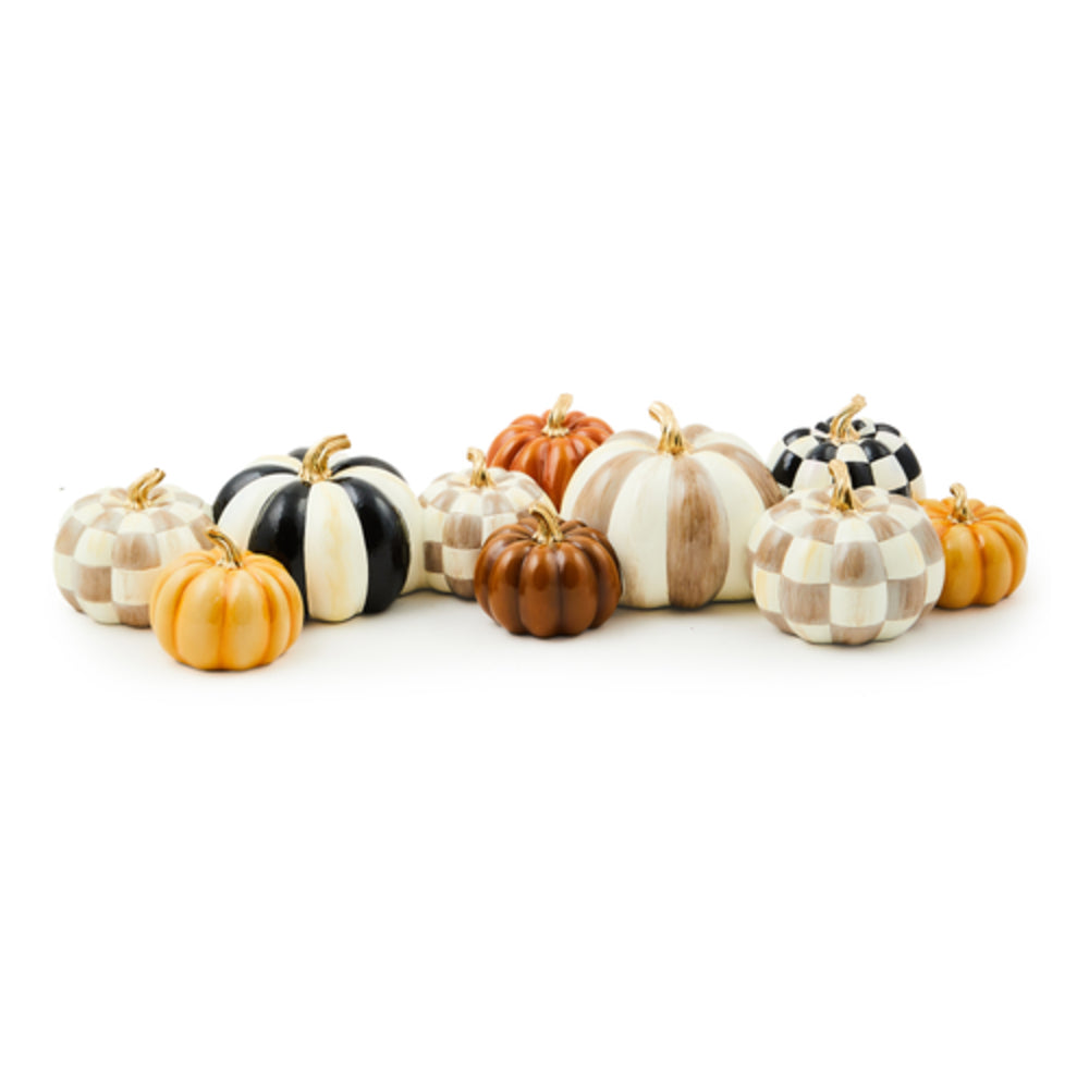 Assorted decorative pumpkins with checkered and striped patterns on a white background